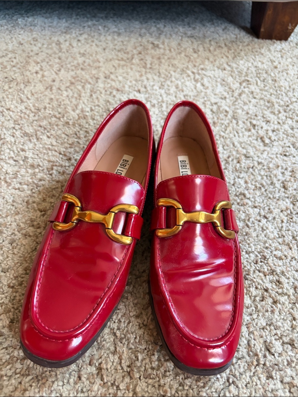 Bibi Lou Red Patent Loafers with Gold Bit Detail